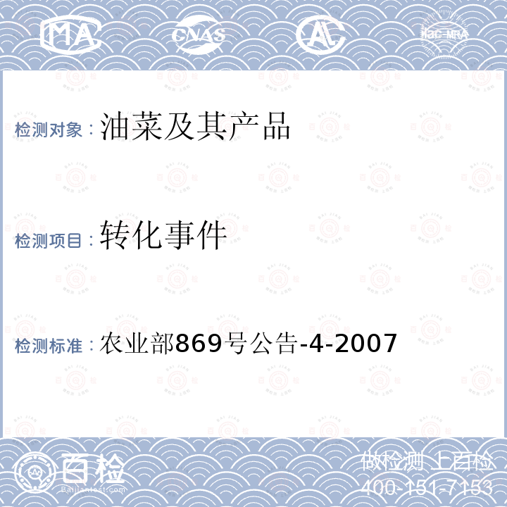 转化事件 农业部869号公告-4-2007 转基因植物及其产品成分检测 抗除草剂油菜MS1、RF1及其衍生品种定性PCR方法 