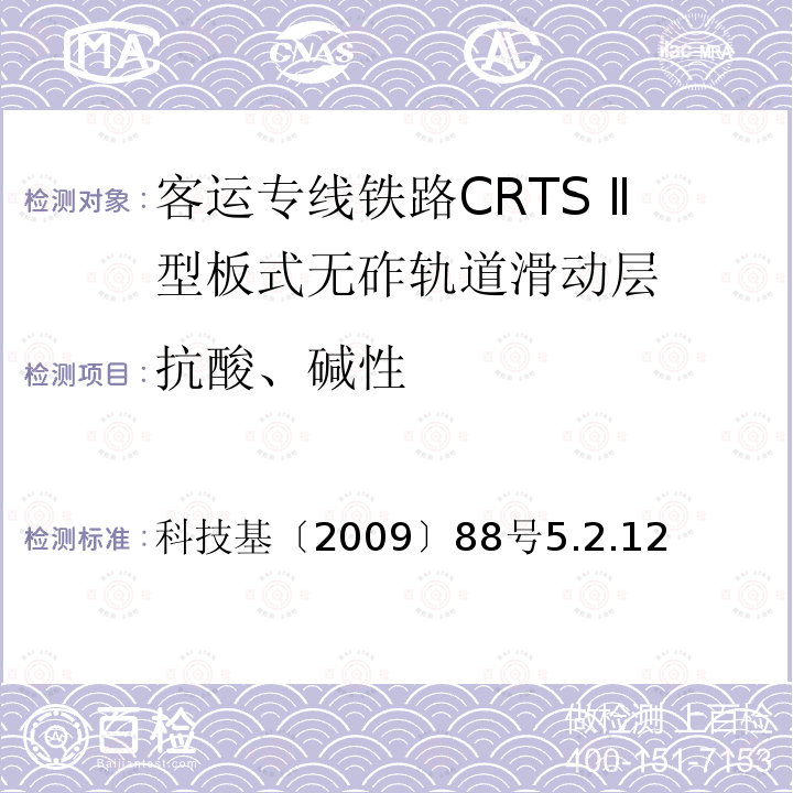 抗酸、碱性 科技基〔2009〕88号5.2.12 客运专线铁路CRTSⅡ型板式无砟轨道滑动层技术条件