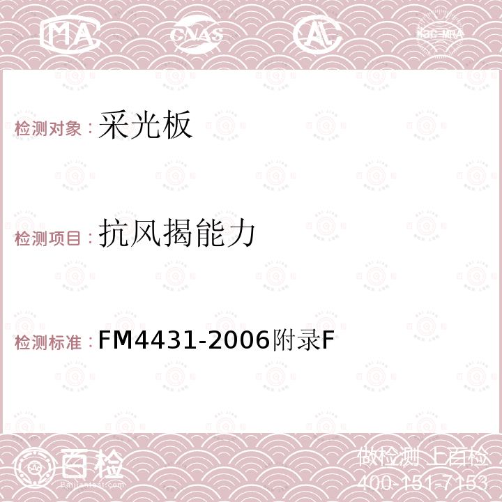 抗风揭能力 FM4431-2006附录F 采光板验收标准