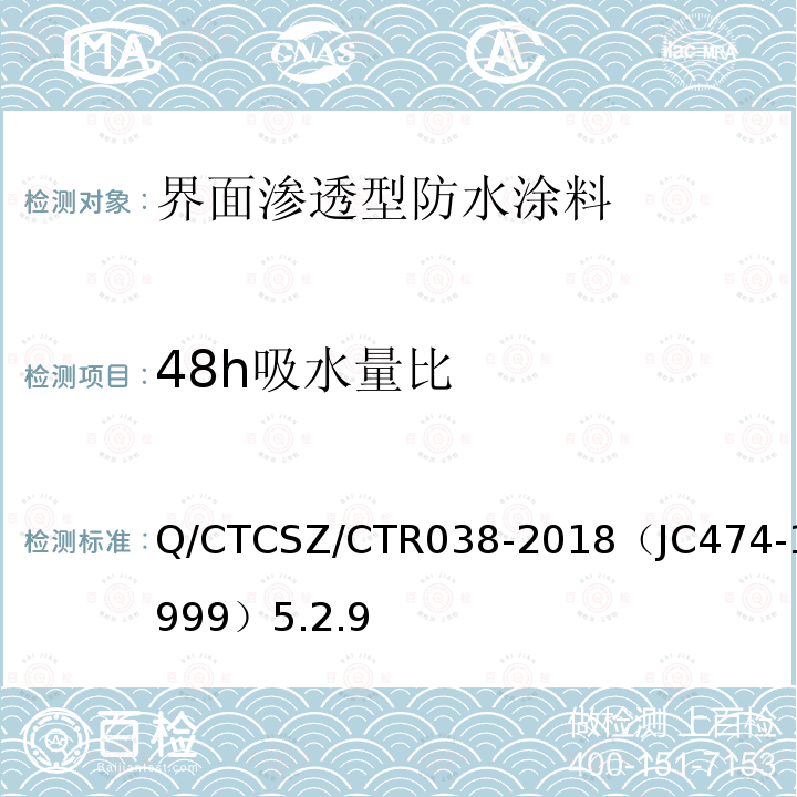 48h吸水量比 Q/CTCSZ/CTR038-2018（JC474-1999）5.2.9 砂浆、混凝土防水剂试验方法