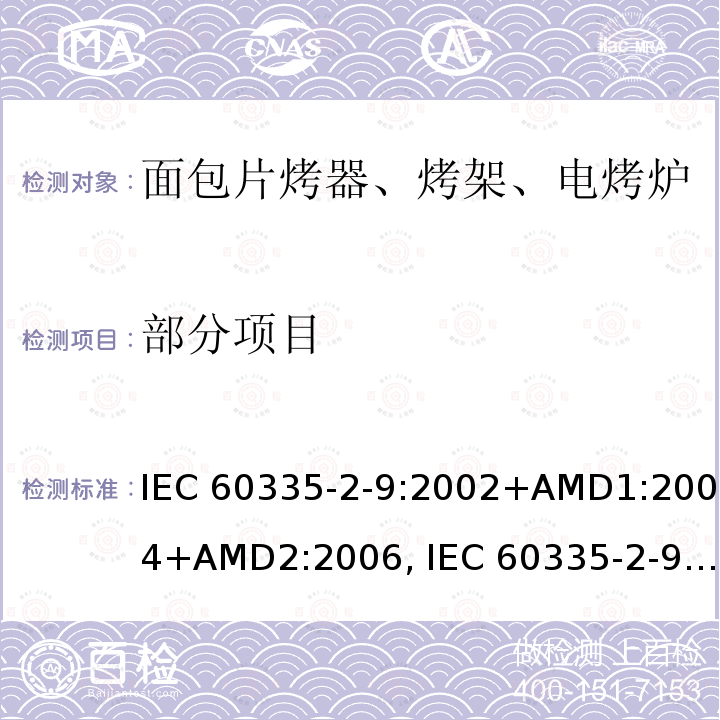 部分项目 IEC 60335-2-9-2002 家用和类似用途电器安全 第2-9部分:烤架、烤箱及类似便携式灶具的特殊要求