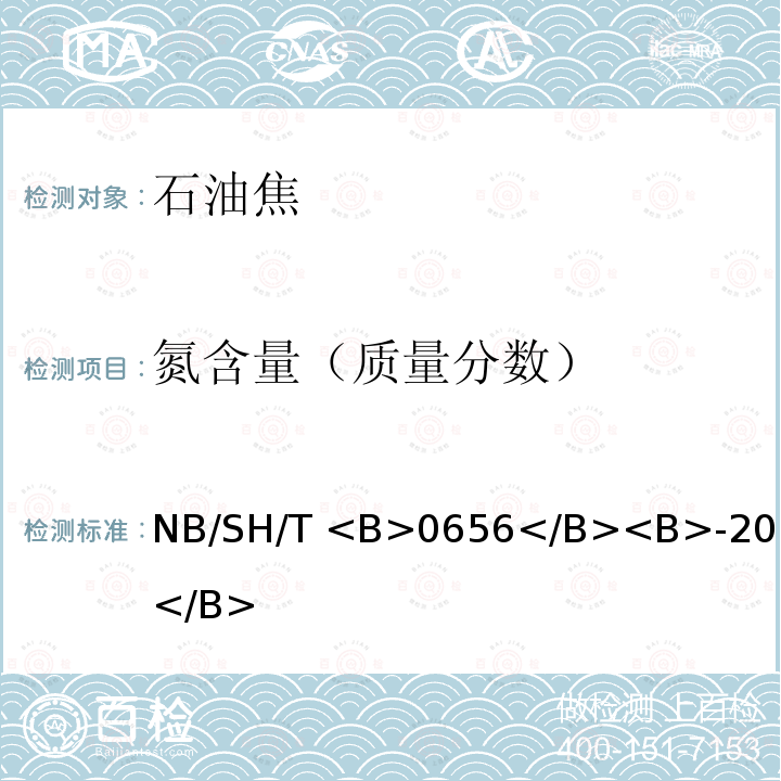 氮含量（质量分数） 石油产品及润滑剂中碳、氢、氮的测定 元素分析仪法 NB/SH/T <B>0656</B><B>-2017</B> 