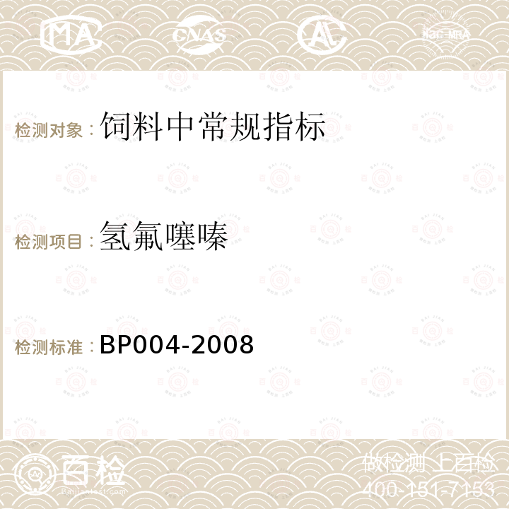 氢氟噻嗪 BP004-2008 饲料中利尿剂—依他尼酸、、呋噻米、氯噻酮、氯噻嗪和氢氯噻嗪的测定 气相色谱/质谱法