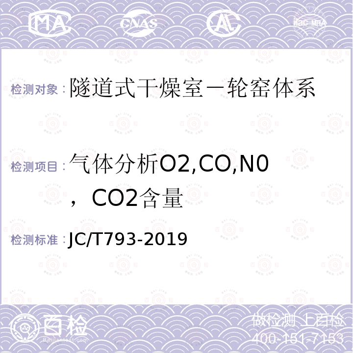 气体分析O2,CO,N0，CO2含量 JC/T 793-2019 隧道式干燥室-轮窑体系热效率、单位热耗、单位煤耗计算方法