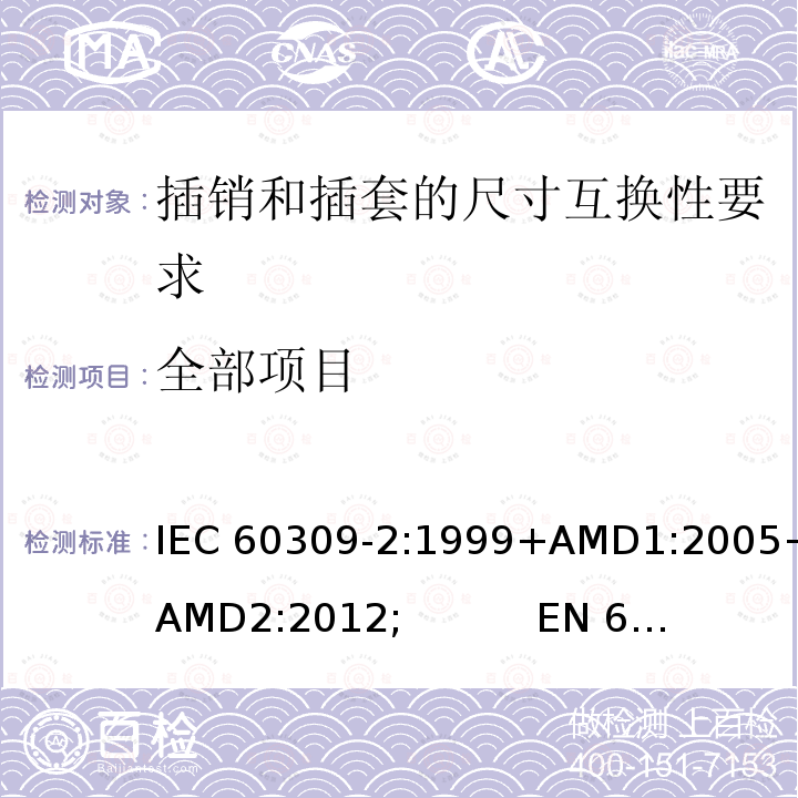 全部项目 工业用插头插座和耦合器 － 第2部分：插销和插套的尺寸互换性要求 IEC 60309-2:1999+AMD1:2005+AMD2:2012; 
EN 60309-2:1999+A1:2007+A2:2012; 
SANS 60309-2 Ed. 3.02 (2012); 
GB/T 11918.2-2014; NBR IEC 60309-2:2017 cl.8
cl.15.1
cl.15.2
cl.16.101
cl.17.102
cl.19.4
