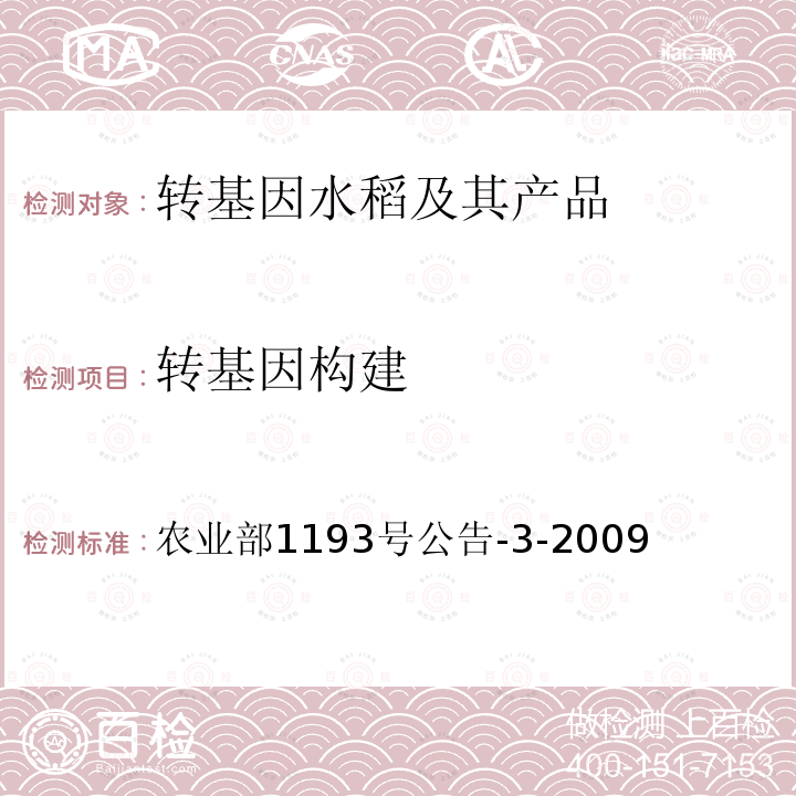 转基因构建 农业部1193号公告-3-2009 转基因植物及其产品成分检测 抗虫水稻TT51-1及其衍生品种定性PCR方法