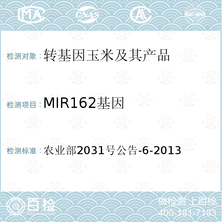 MIR162基因 转基因植物及其产品成分检测抗虫玉米MIR162及其衍生品种定性PCR方法 农业部2031号公告-6-2013  