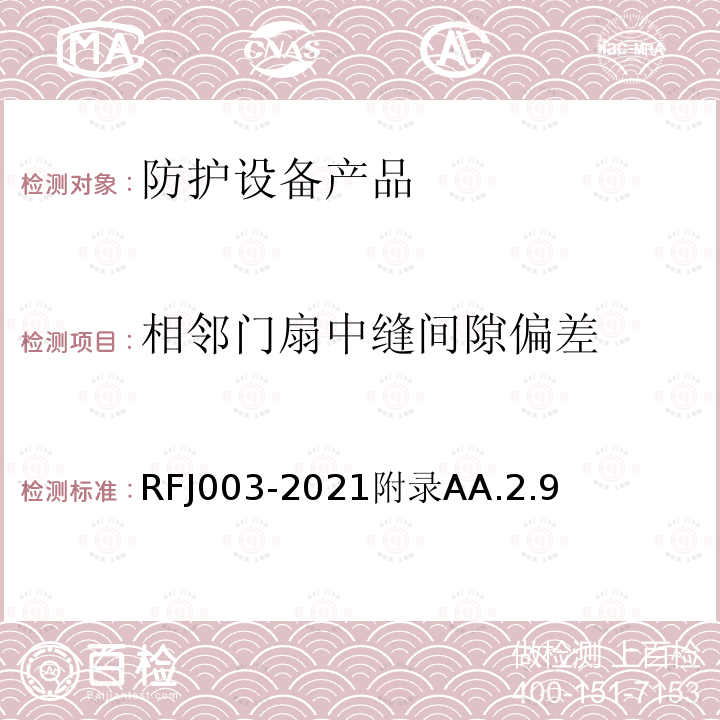相邻门扇中缝间隙偏差 RFJ003-2021附录AA.2.9 人民防空工程防护设备产品与安装质量检验标准