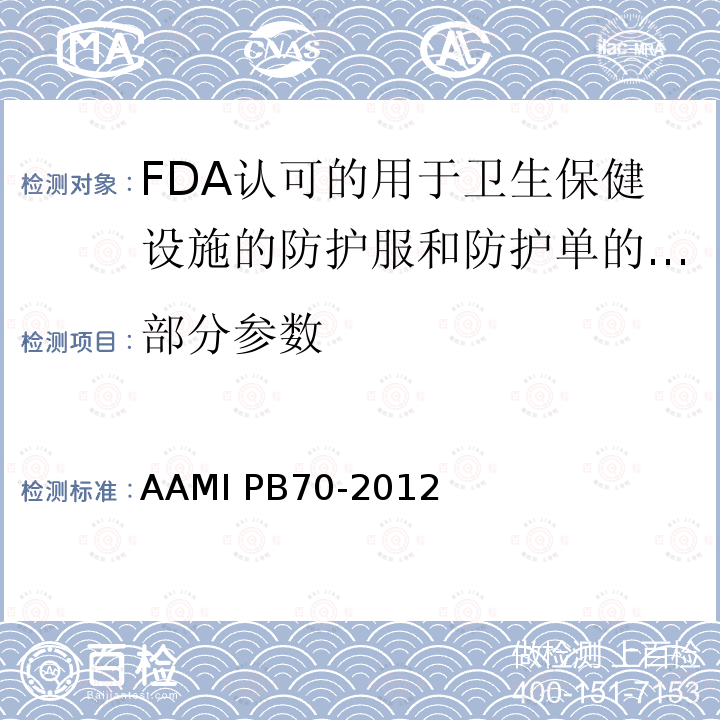 部分参数 AAMI PB70-2012 FDA认可的用于卫生保健设施的防护服和防护单的液体阻隔性能及分类 
