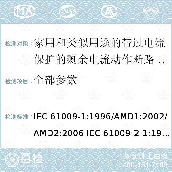 全部参数 IEC 61009-1-1996 家用和类似用途的有综合过电流保护的剩余电流断路器(ROBOs) 第1部分:通用规则