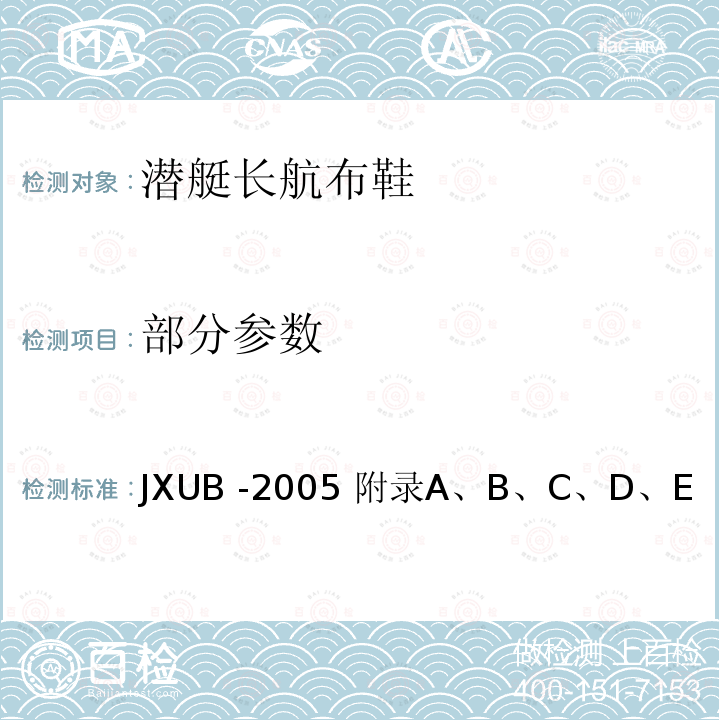 部分参数 JXUB -2005 潜艇长航布鞋规范  
附录A、B、C、D、E