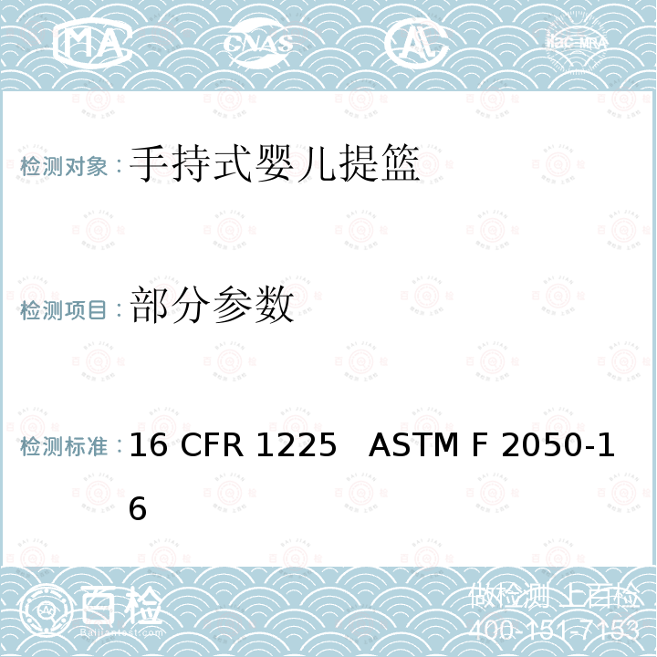 部分参数 16 CFR 1225 手持式婴儿提篮的消费者安全规范  ASTM F 2050-16