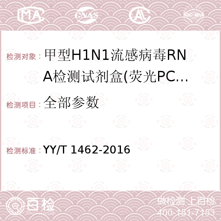 全部参数 YY/T 1462-2016 甲型H1N1流感病毒RNA检测试剂盒(荧光PCR法)