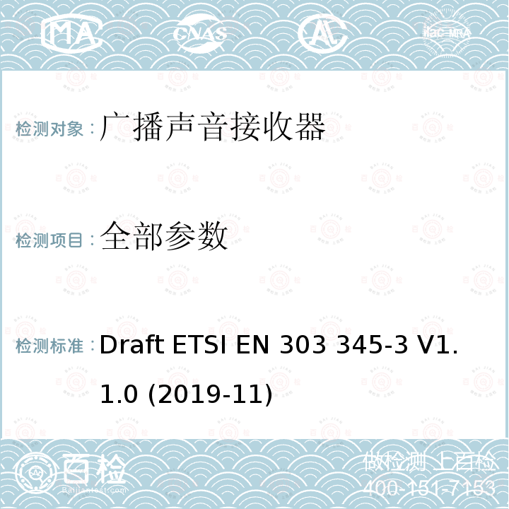 全部参数 ETSI EN 303 345 广播声音接收器； 第三部分：调频广播音响业务； 无线电频谱接入协调标准 Draft -3 V1.1.0 (2019-11)