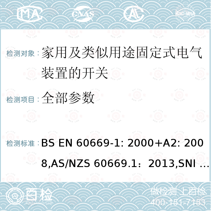 全部参数 家用及类似用途固定式电气装置的开关 第一部分：通用要求 BS EN 60669-1: 2000+A2: 2008,AS/NZS 60669.1：2013,SNI 04-6203.1-2006, SNI 04-6203.1-2001