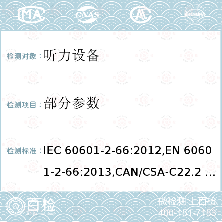 部分参数 医用电气设备 第2-66部分：听力设备的基本安全和基本性能的专用要求 IEC 60601-2-66:2012,EN 60601-2-66:2013,CAN/CSA-C22.2 NO.60601-2-66:15,IEC 60601-2-66:2015,EN 60601-2-66:2015