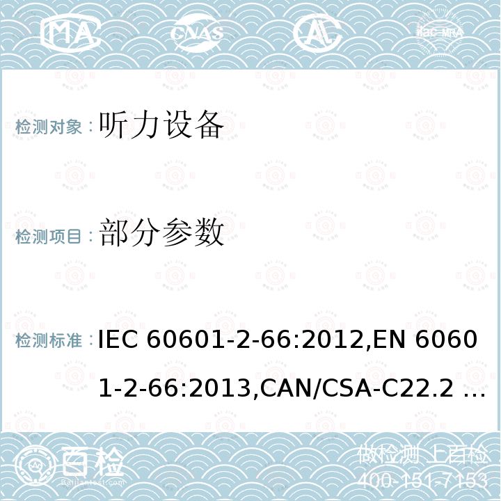 部分参数 IEC 60601-2-66 医用电气设备 第2-66部分：听力设备的基本安全和基本性能的专用要求 :2012,EN 60601-2-66:2013,CAN/CSA-C22.2 NO.60601-2-66:15,:2015,EN 60601-2-66:2015