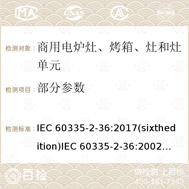 部分参数 IEC 60335-2-36 家用和类似用途电器的安全 商用电炉灶、烤箱、灶和灶单元的特殊要求 :2017(sixthedition)
:2002(fifthedition)+A1:2004+A2:2008
EN 60335-2-36:2002+A1:2004+A2:2008+A11:2012
GB 4706.52-2008