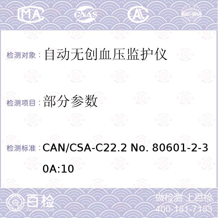 部分参数 CSA-C22.2 NO. 80 医用电气设备 第2-30部分：自动无创血压监护仪基本安全与基本性能专用要求 CAN/CSA-C22.2 No. 80601-2-30A:10