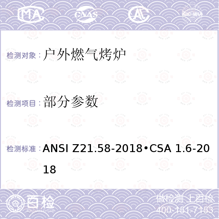 部分参数 ANSI Z21.58-20 户外燃气烤炉 18•CSA 1.6-2018