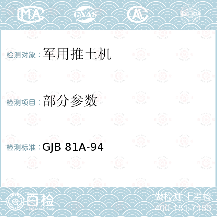 部分参数 GJB 81A-94 军用推土机 设计定型试验规程 