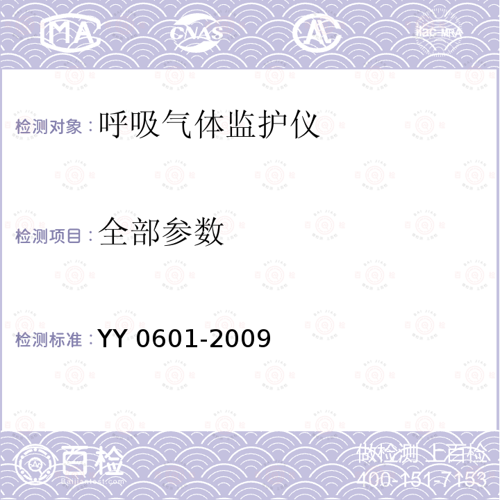 全部参数 YY 0601-2009 医用电气设备 呼吸气体监护仪的基本安全和主要性能专用要求