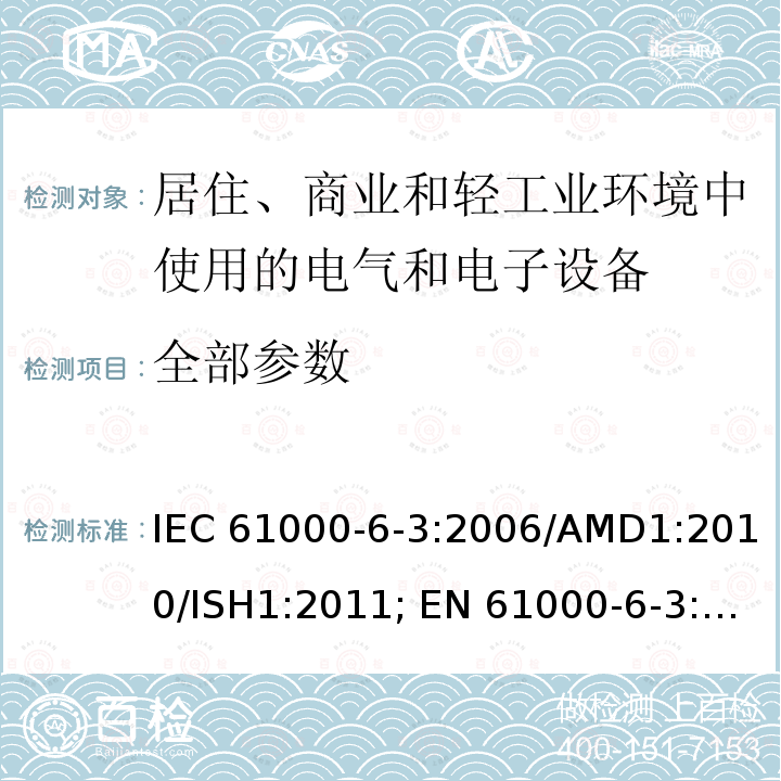 全部参数 电磁兼容 通用标准 居住、商业和轻工业环境中的发射 IEC 61000-6-3:2006/AMD1:2010/ISH1:2011; EN 61000-6-3:2007/A1:2011/AC:2012