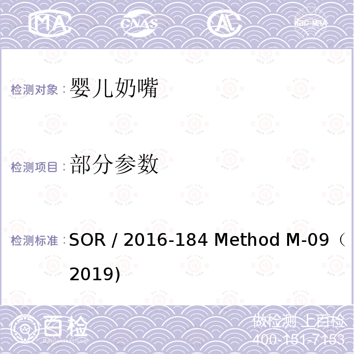 部分参数 SOR /2016-184 加拿大奶嘴法规；加拿大卫生部产品安全参考手册第五册–实验室政策和程序B部分：测试方法部分 SOR / 2016-184 Method M-09（2019)