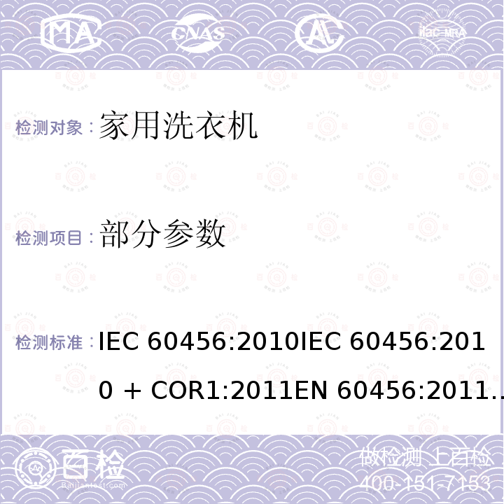 部分参数 IEC 60456-2010 家用洗衣机 性能的测试方法