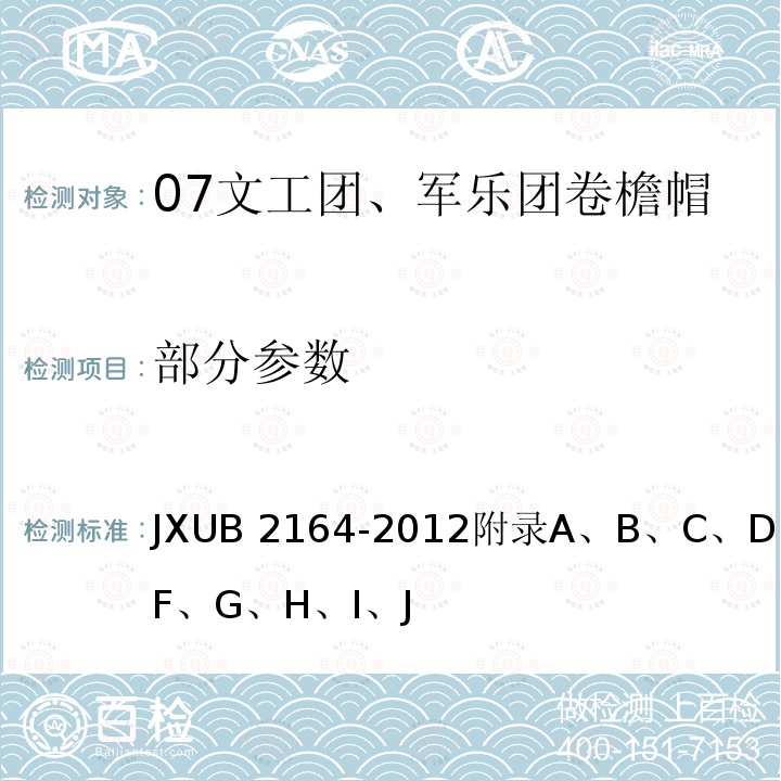 部分参数 JXUB 2164-2012 07文工团、军乐团卷檐帽规范 
附录A、B、C、D、E、F、G、H、I、J