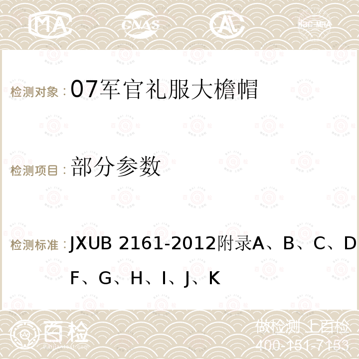 部分参数 JXUB 2161-2012 07军官礼服大檐帽规范 
附录A、B、C、D、E、F、G、H、I、J、K
