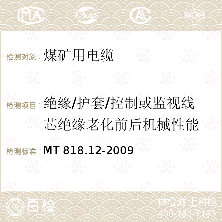 绝缘/护套/控制或监视线芯绝缘老化前后机械性能 煤矿用电缆 第12部分：额定电压1.8/3kV及以下煤矿用聚氯乙烯绝缘电力电缆MT 818.12-2009