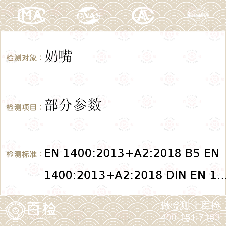 部分参数 BS EN 1400:2013 儿童用品和保育品 婴儿和儿童用橡皮奶头 安全要求和试验方法 EN 1400:2013+A2:2018 +A2:2018 DIN EN 1400:2018