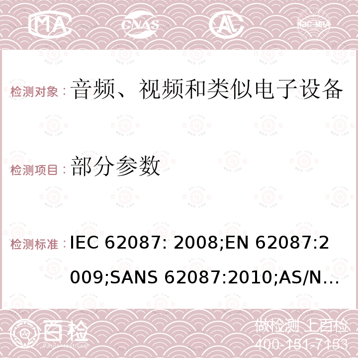 部分参数 IEC 62087:2008 音频、视频和相关设备的功耗测量方法 IEC 62087: 2008;
EN 62087:2009;
SANS 62087:2010;
AS/NZS 62087.1:2010;
IEC 62087:2011