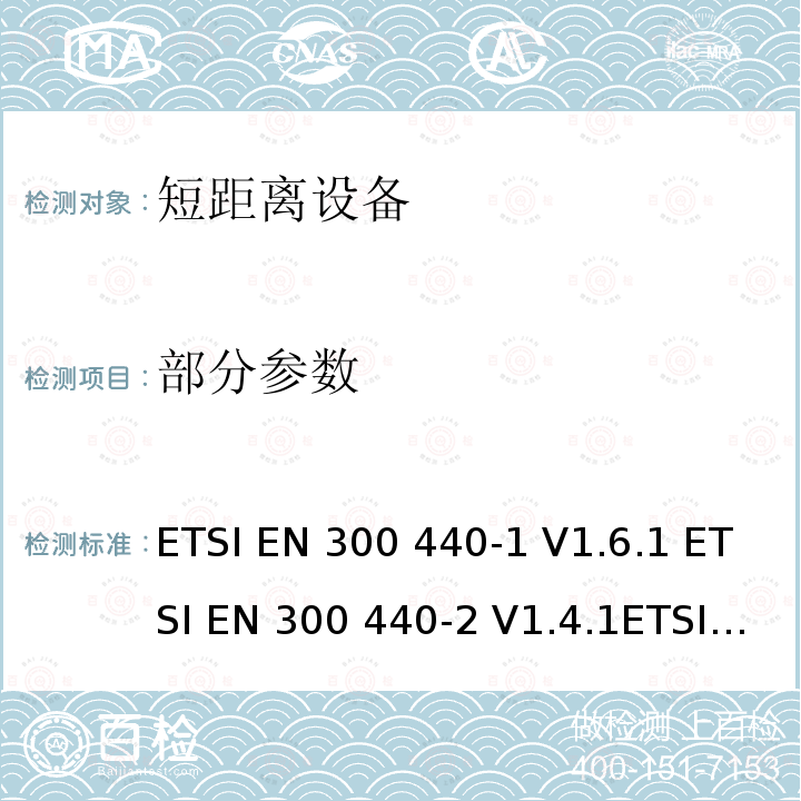 部分参数 ETSI EN 300 440 电磁兼容和射频频谱特性规范；短距离设备；工作频段在1GHz至40GHz范围的无线设备 协调标准的需求 -1 V1.6.1 -2 V1.4.1 V2.1.1  V2.2.1