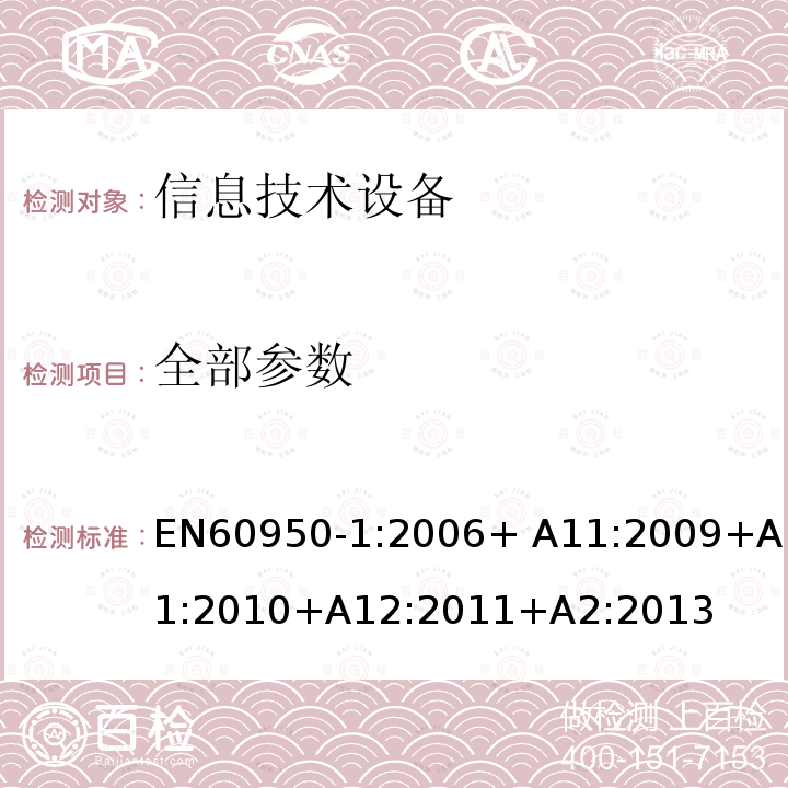 全部参数 EN 60950-1:2006 信息技术设备的安全 第 1 部
分：通用要求 EN60950-1:2006+ A11:2009+
A1:2010+A12:2011+A2:2013