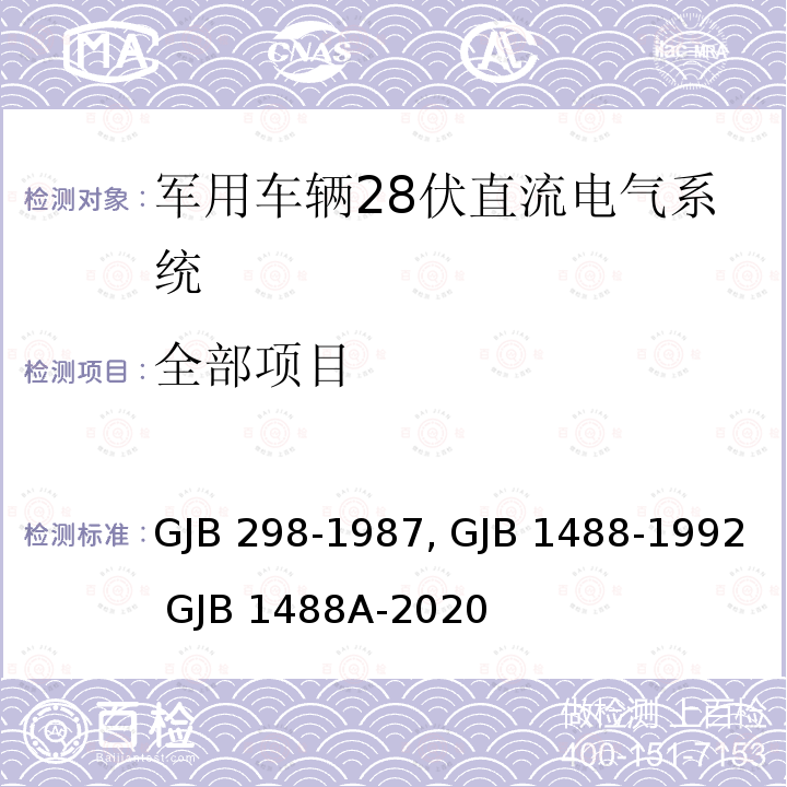 全部项目 GJB 298-1987 军用车辆28伏直流电气系统特性军用内燃机电站通用试验方法 GJB 1488-1992 GJB 1488A-2020