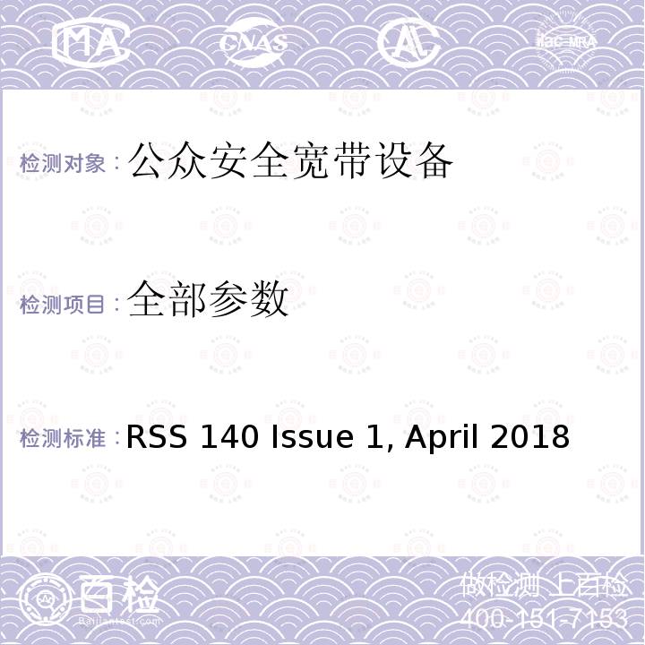 全部参数 RSS 140 ISSUE 运行在公共安全宽频频带758-768 MHz和788-798 MHz的设备 RSS 140 Issue 1, April 2018