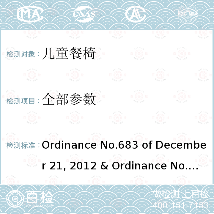 全部参数 Ordinance No.683 of December 21, 2012 & Ordinance No.227 of May 17, 2016 儿童餐椅的质量技术法规 