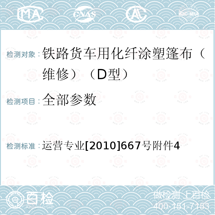 全部参数 运营专业[2010]667号附件4 货车D型篷布维修技术条件