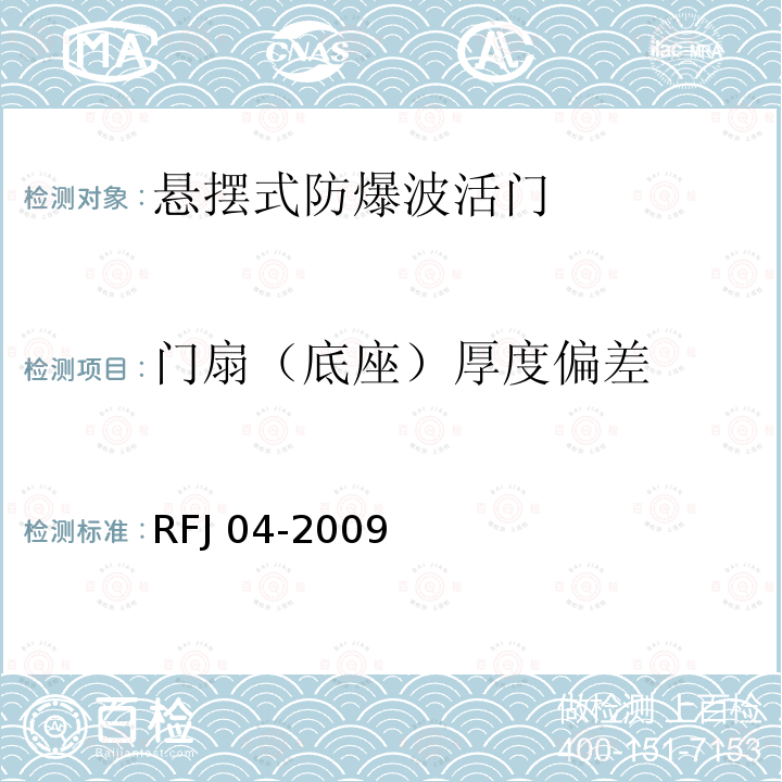 门扇（底座）厚度偏差 RFJ 01-2002 人民防空工程防护设备产品质量检验与施工验收标准RFJ01-2002（3.4.4.1）人民防空工程防护设备试验检测与质量检测标准RFJ04-2009（8.1.2）