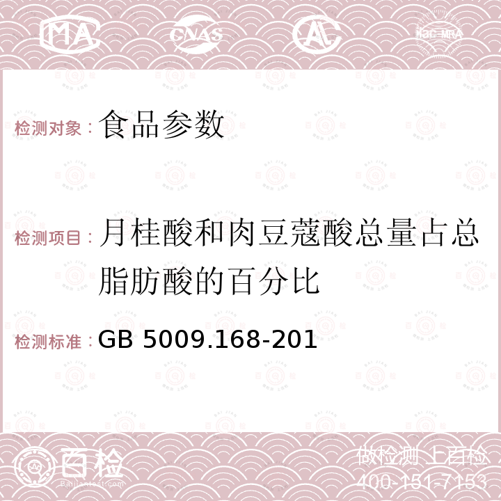 月桂酸和肉豆蔻酸总量占总脂肪酸的百分比 GB 5009.168-2016 食品安全国家标准 食品中脂肪酸的测定