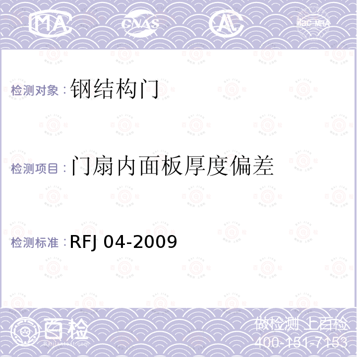 门扇内面板厚度偏差 RFJ 04-2009 人民防空工程防护设备试验检测与质量检测标准RFJ04-2009（8.1.5）