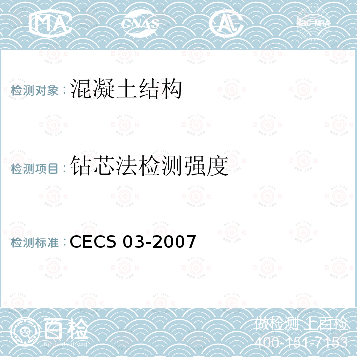 钻芯法检测强度 CECS 03-2007 《钻芯法检测混凝土强度技术规程》CECS03-2007
