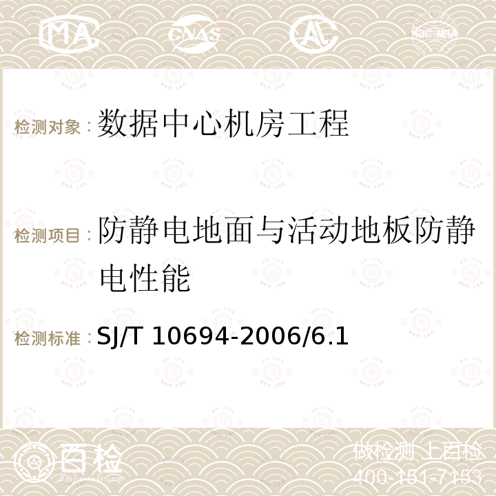 防静电地面与活动地板防静电性能 《防静电工程施工与质量验收规范》GB50944-2013/14.8《电子产品制造与应用系统防静电检测通用规范》SJ/T10694-2006/6.1