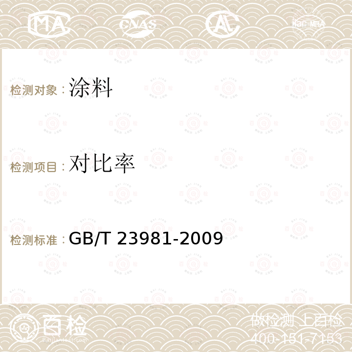 对比率 GB/T 9755-20 《合成树脂乳液外墙涂料》GB/T9755-201（5.14）《白色和浅色漆的测定》GB/T23981-2009