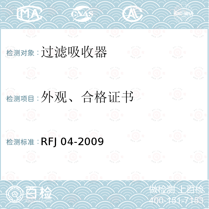 外观、合格证书 人民防空工程防护设备产品质量检验与施工验收标准RFJ01-2002人民防空工程防护设备试验检测与质量检测标准RFJ04-2009
