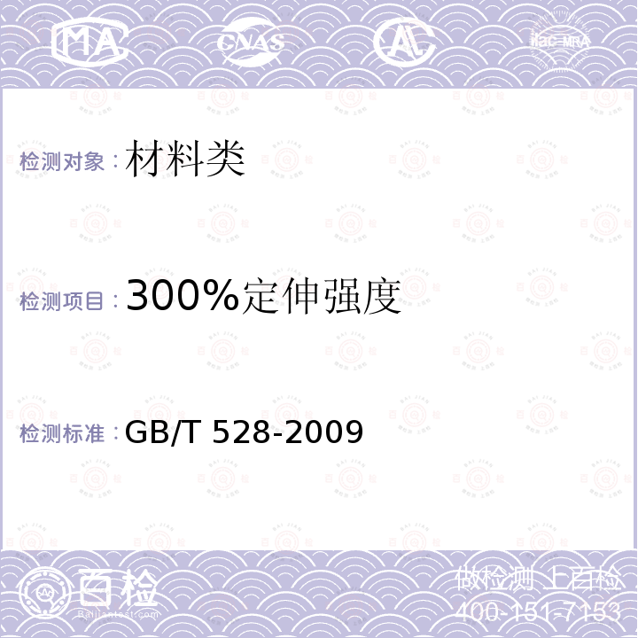 300%定伸强度 GJB 5258-2003 《航空橡胶零件及型材用胶料规范》GJB5258-2003（4.5.1）《硫化橡胶或热塑性橡胶拉伸应力应变性能的测定》GB/T528-2009