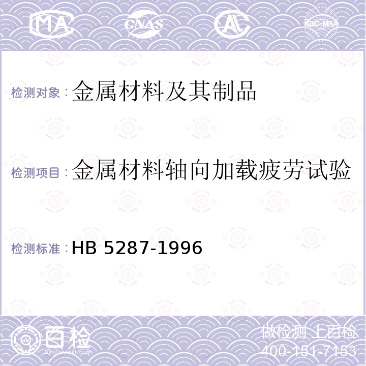 金属材料轴向加载疲劳试验 HB 5287-1996 金属材料轴向加载疲劳试验方法