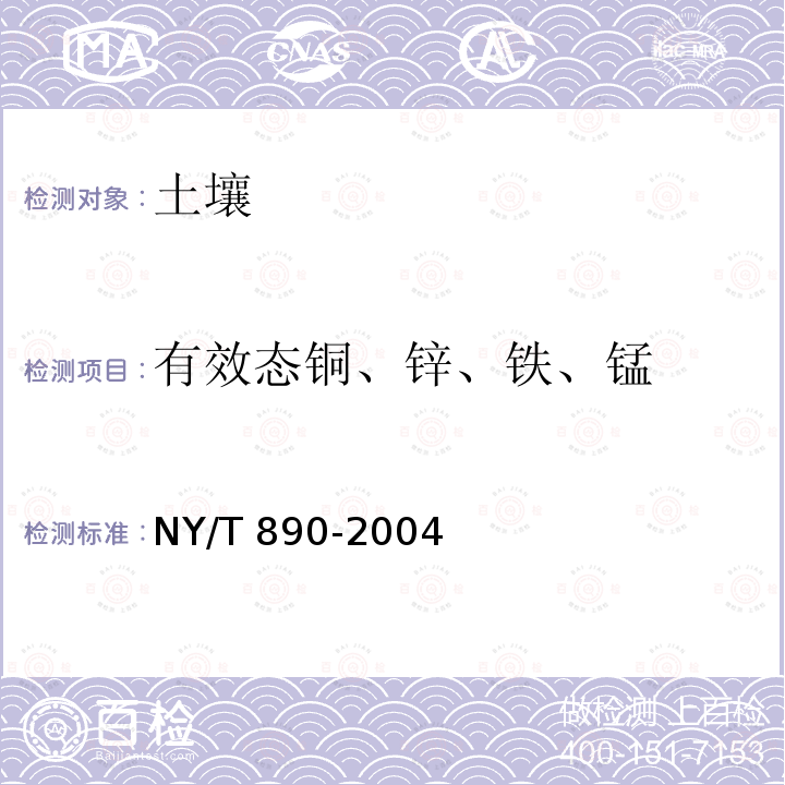 有效态铜、锌、铁、锰 NY/T 890-2004 土壤有效态锌、锰、铁、铜含量的测定 二乙三胺五乙酸(DTPA)浸提法